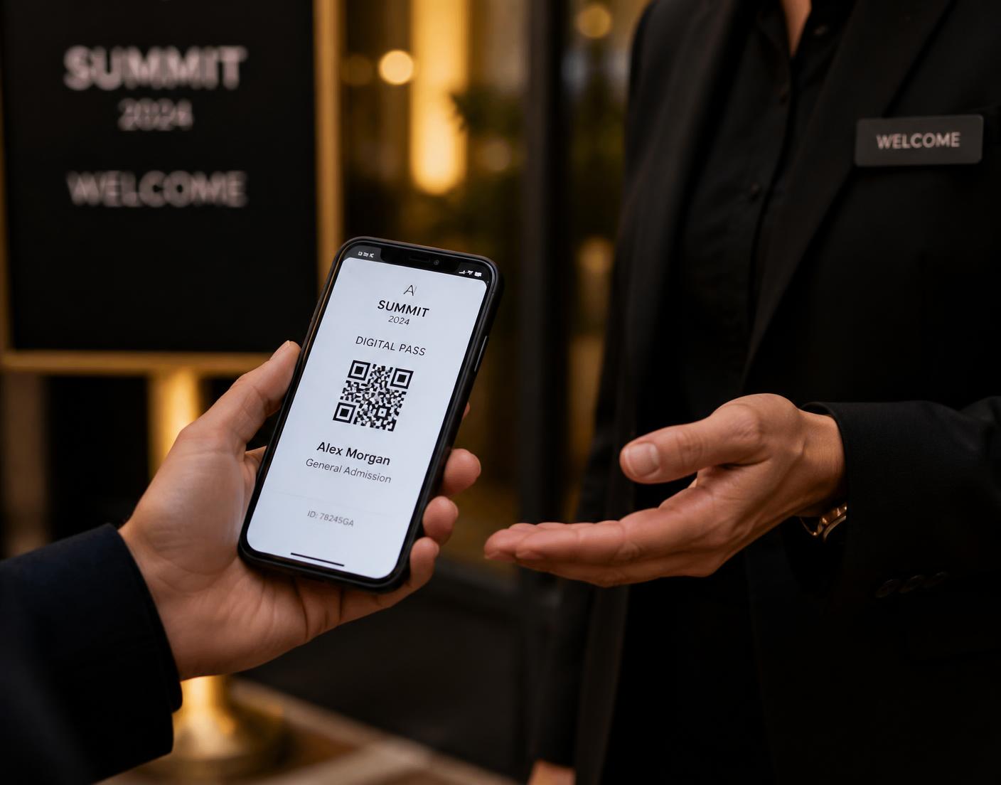 A guest presenting a digital QR pass on a phone to a host at an event entrance