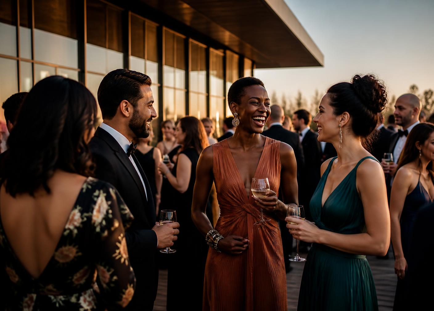 Guests in evening dress talking and laughing at a contemporary celebration