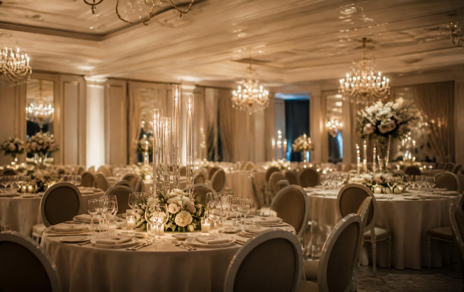 An elegant banquet hall set with candlelight and florals before guests arrive