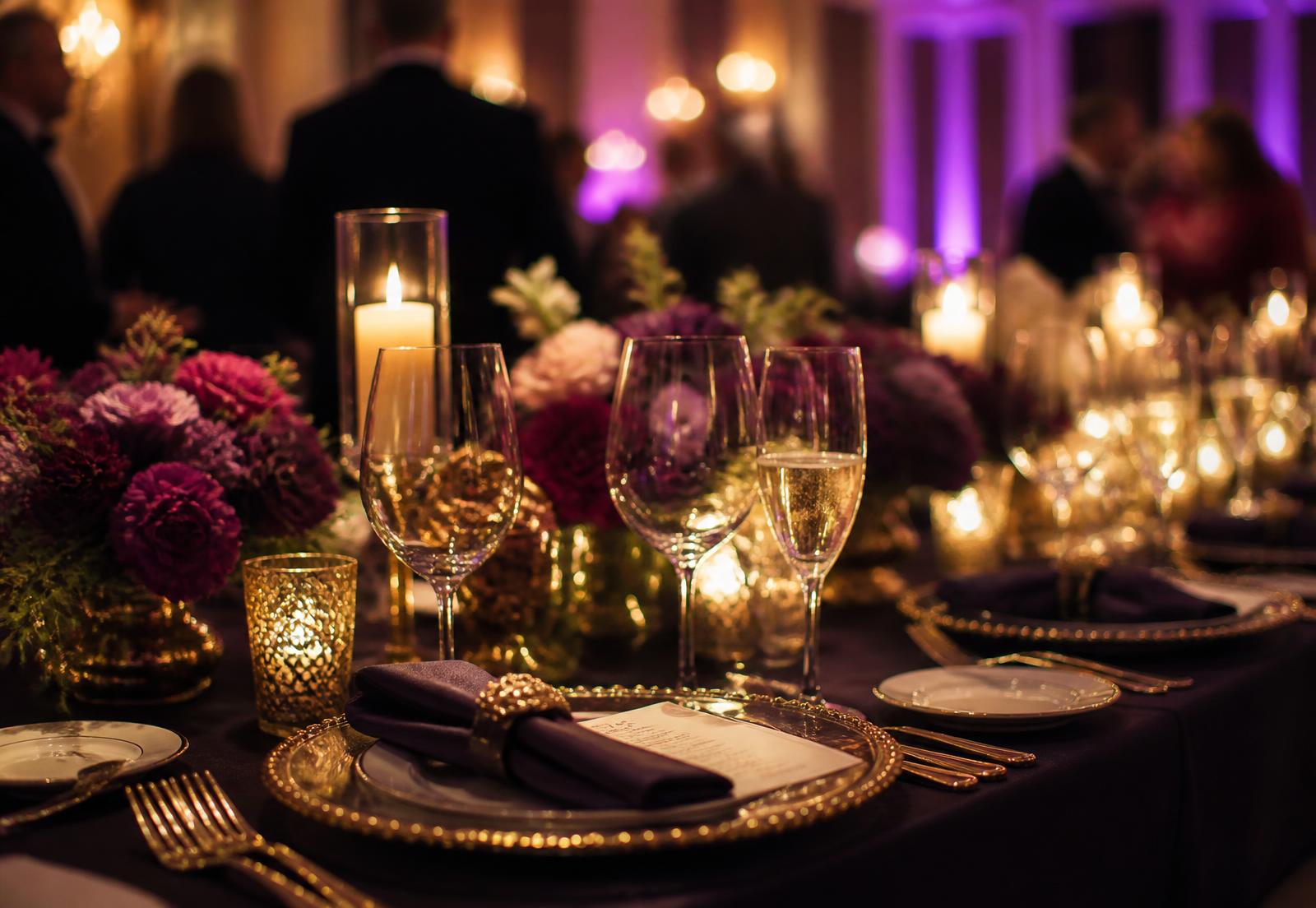 Candlelit banquet table set for an evening event