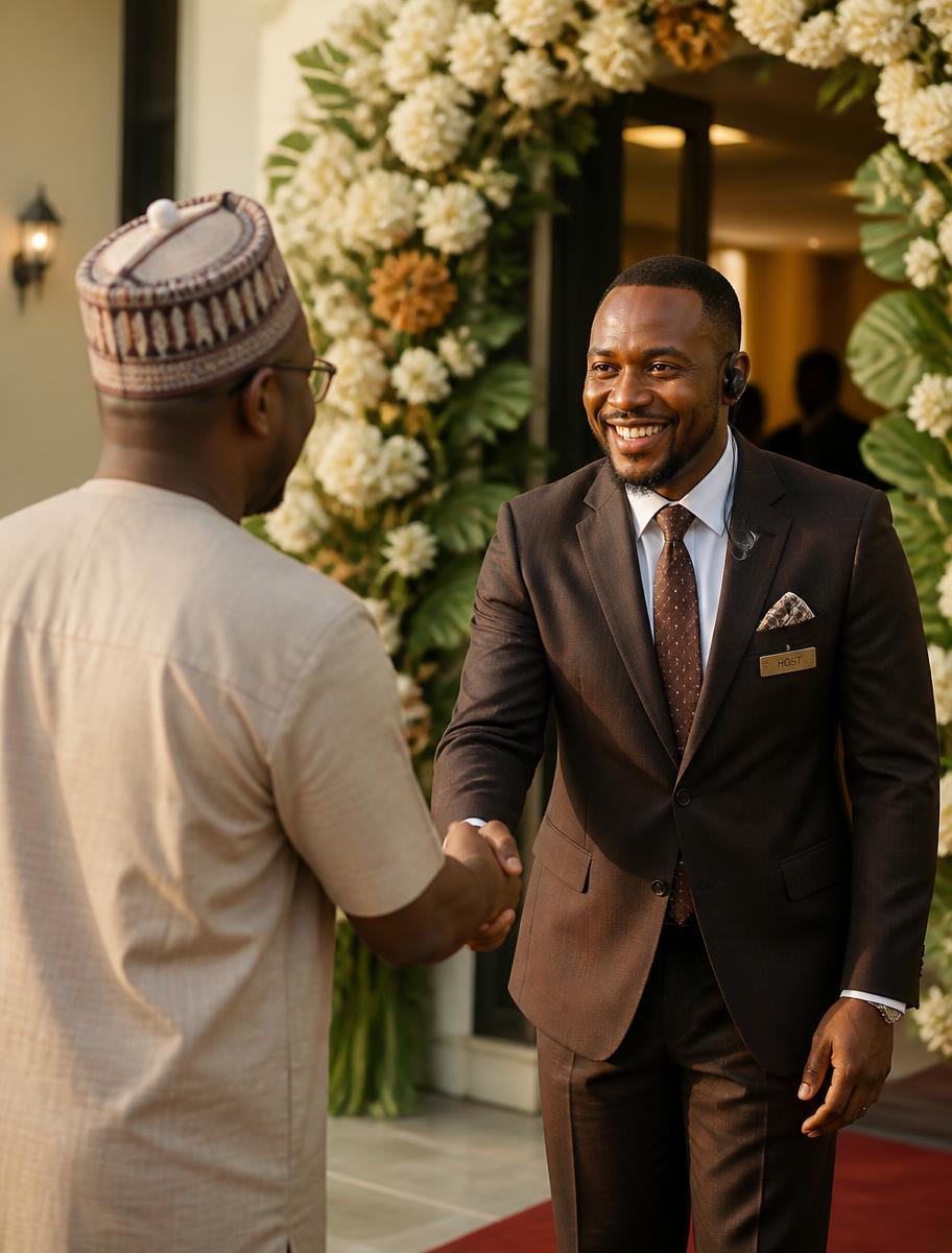 An event host welcoming an arriving guest at a decorated venue entrance