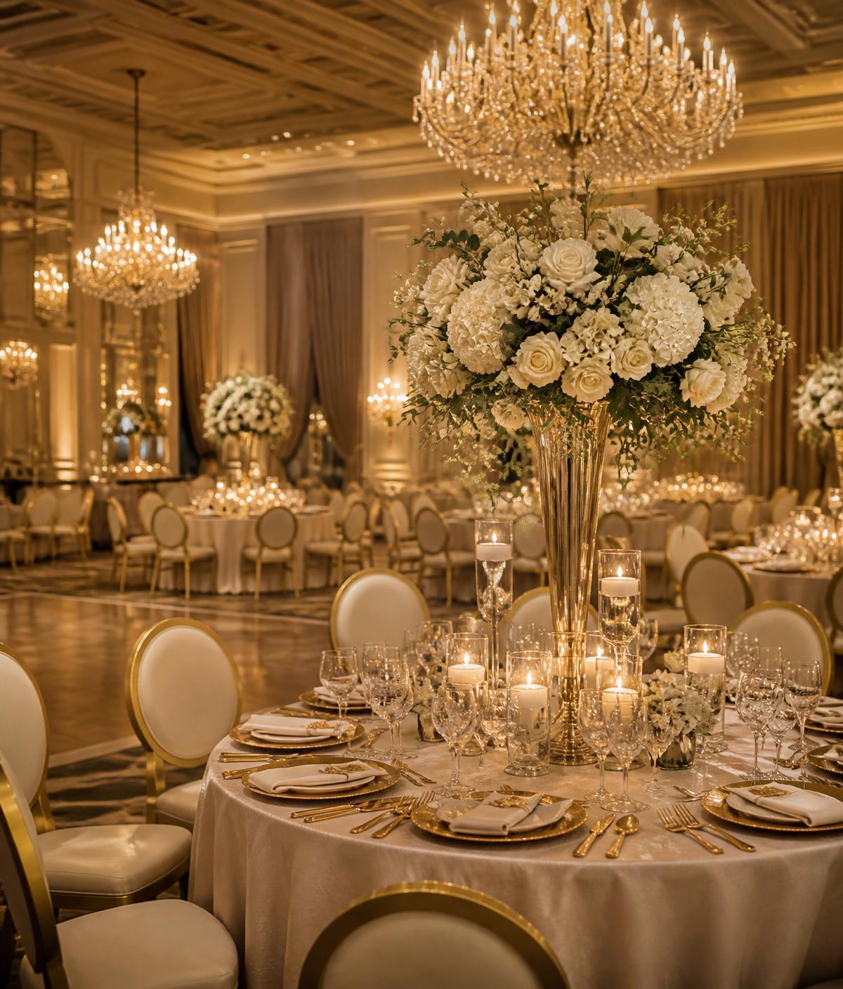 Elegant wedding banquet hall set with florals and candlelight