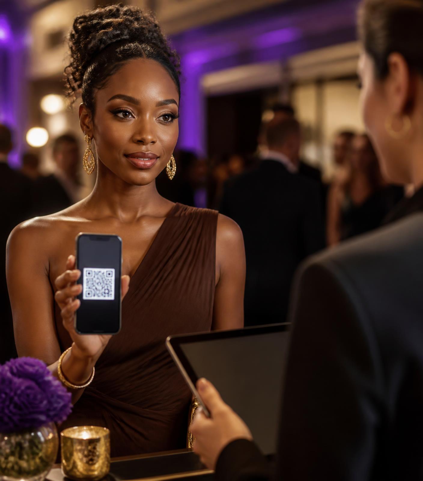 A guest presenting her QR pass to a host at an elegant event check-in desk