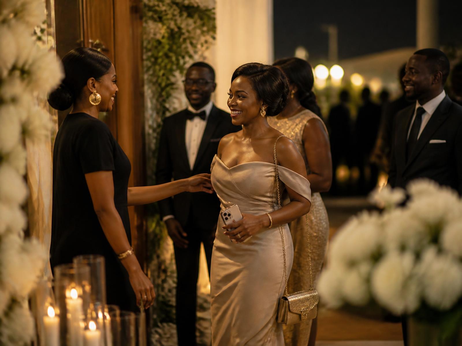 Guests arriving at an elegant evening reception and being welcomed by a host