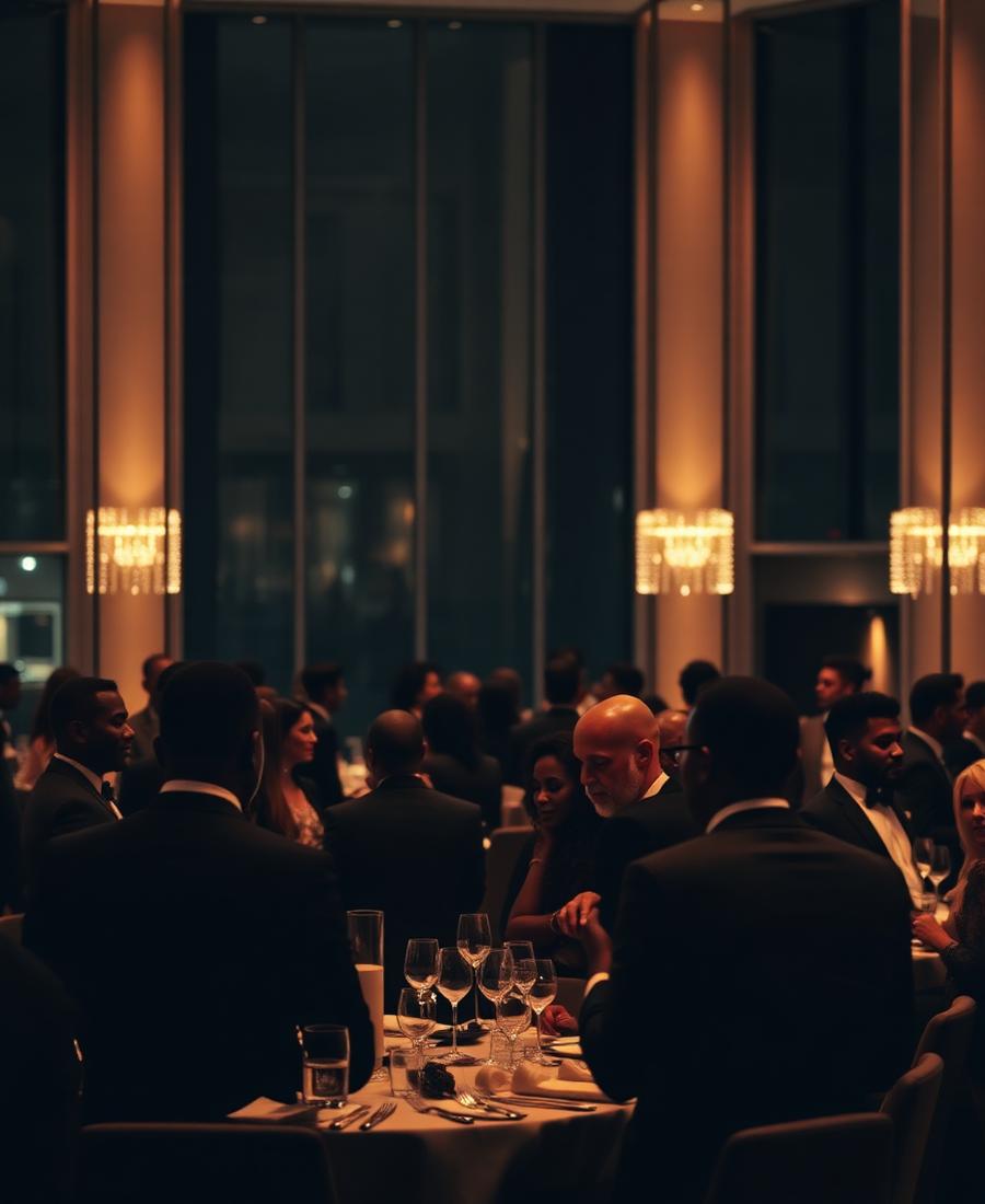 Guests at an upscale corporate gala dinner