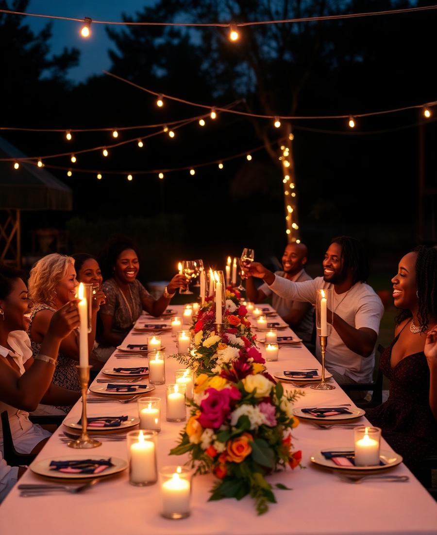 Friends toasting at an outdoor celebration dinner at dusk