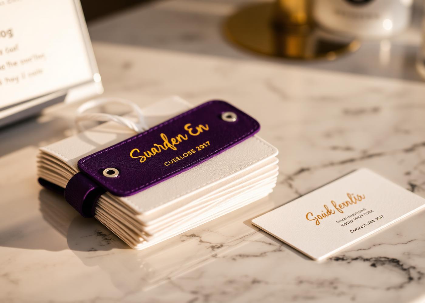 Customised event wrist tags in cream and purple on a marble check-in desk