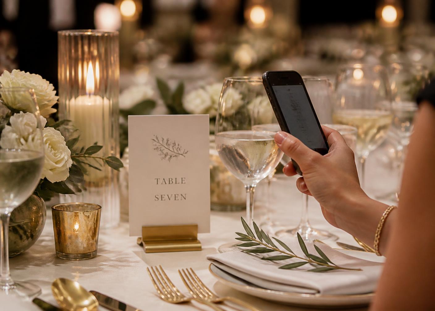 An elegantly set dining table with a table card and candlelight