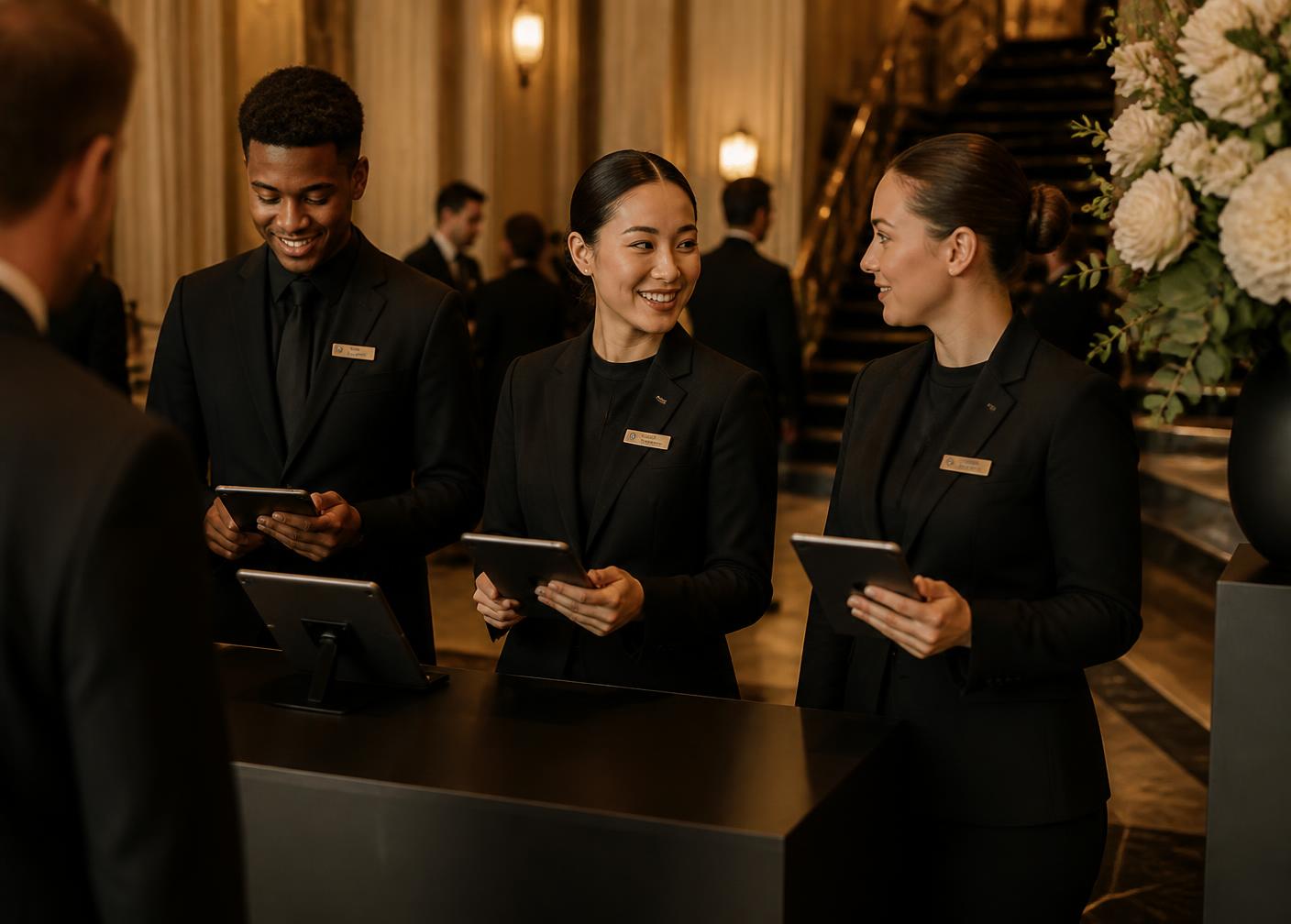 Event staff in dark uniforms coordinating guest arrivals with tablets